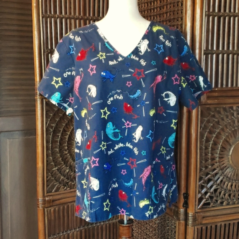 DR SEUSS Scrub Top "One Fish Two Fish" Navy Blue XL EUC